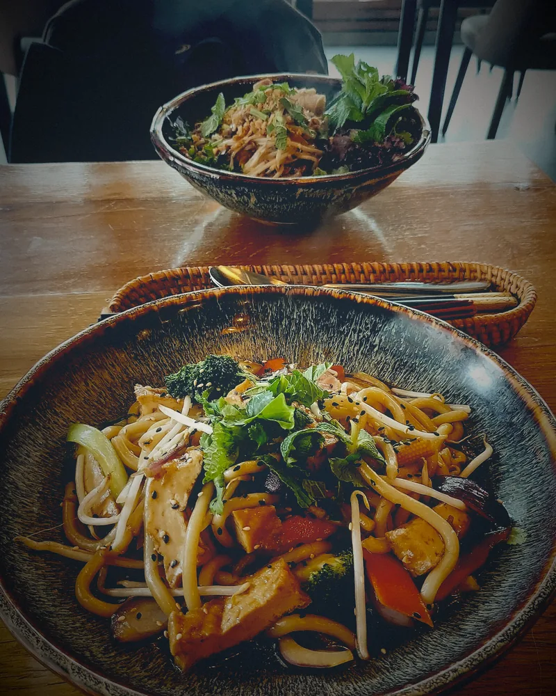 A bowl of stir-fried udon